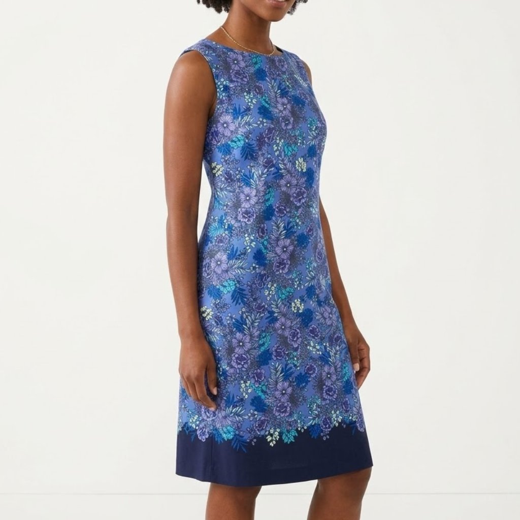Talbots Floral Sheath Dress Blue Purple Sleeveless Knee Length Stretch Sz Large